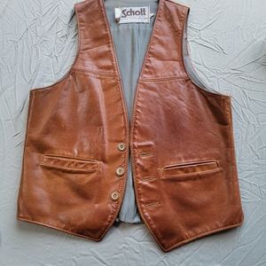 Vtg Schott NYC Caramel Brown Leather Button Up Vest Sz Med Made in USA
